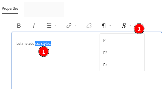 RTE Styles dropdown trong dialog